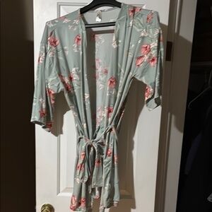 Floral Kimono Robe in Green and Pink